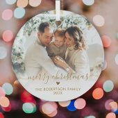 Gold Script Elegant Family Photo Merry Christmas Glas Ornament