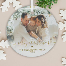 Gold Script Elegant Family Photo Merry Christmas   Glas Ornament