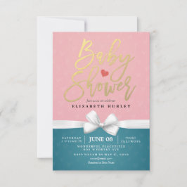 Gold Script en White Ribbon Pink Blue Baby shower Kaart