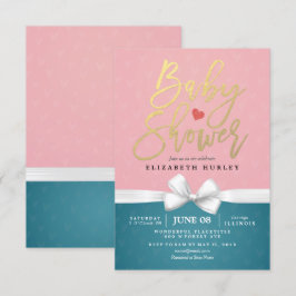 Gold Script en White Ribbon Pink Blue Baby shower Kaart