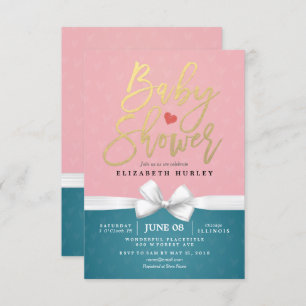 Gold Script en White Ribbon Pink Blue Baby shower Kaart