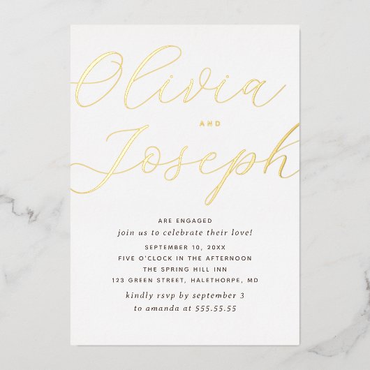 Gold Script Engagement Party | Minimalistische fot Folie Uitnodiging (Voorkant)