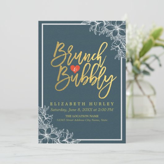 Gold Script Floral Brunch Bubble Vrijgezellenfeest Kaart (Staand voorkant)