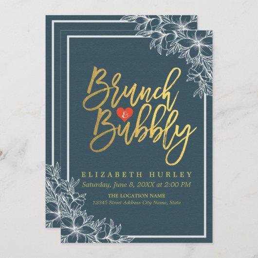 Gold Script Floral Brunch Bubble Vrijgezellenfeest Kaart (Voorkant / Achterkant)