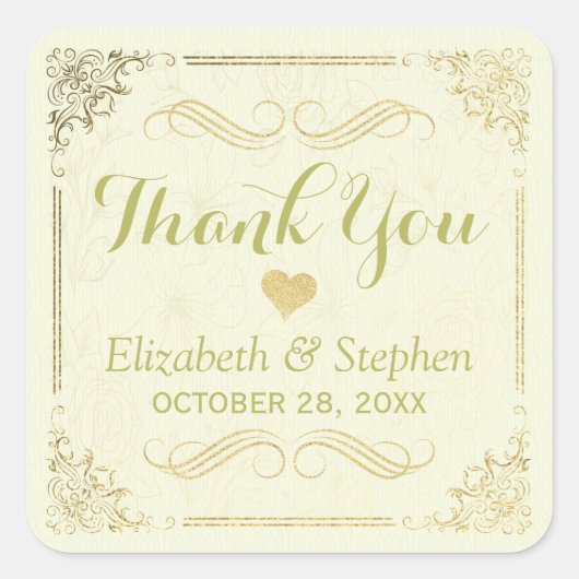 Gold Script Floral Lijst Weddenschap Hartelijk dan Vierkante Sticker (Voorkant)