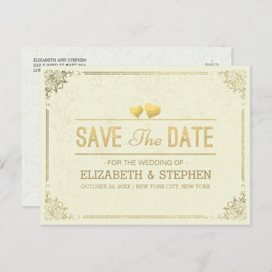 Gold Script Floral Lijst Wedding Save the Date Aankondigingskaart (Voorkant / Achterkant)