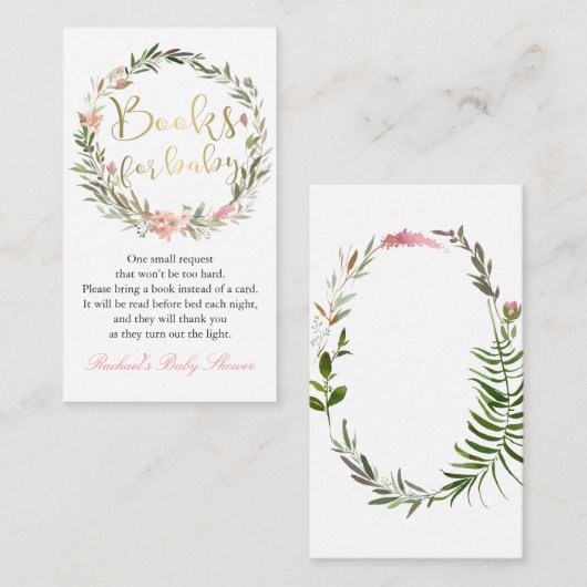 Gold Script Floral WreatBaby shower Book Request Informatiekaartje (Voorkant / Achterkant)