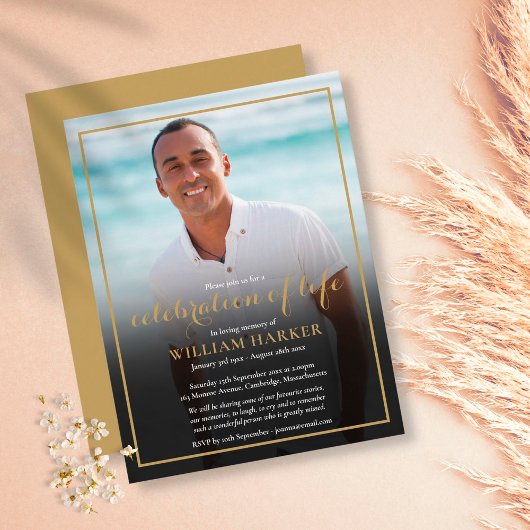 Gold Script Funeral Photo Invitation Briefkaart