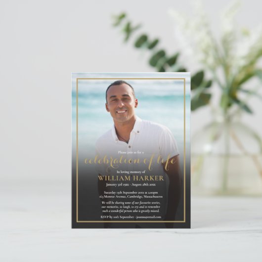 Gold Script Funeral Photo Invitation Briefkaart (Staand voorkant)