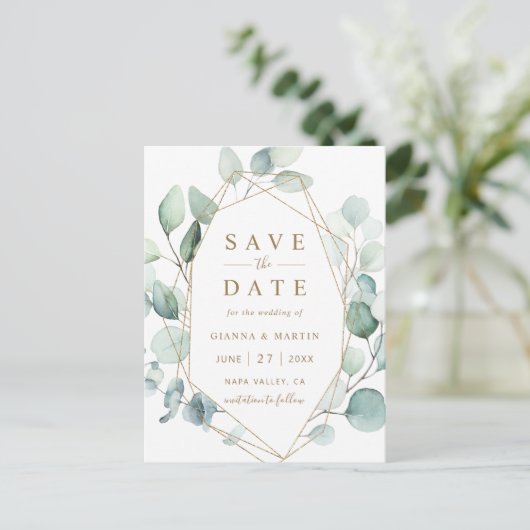 Gold Script Geometric Green Wedding Save the Date Aankondigingskaart (Staand voorkant)