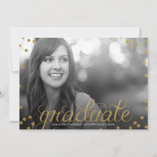 Gold Script Glitter Look Foto Afstuderen Uitnodige Kaart (Voorkant)