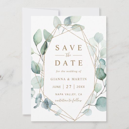 Gold Script Green Foliage Geometric Wedding Save The Date (Voorkant)
