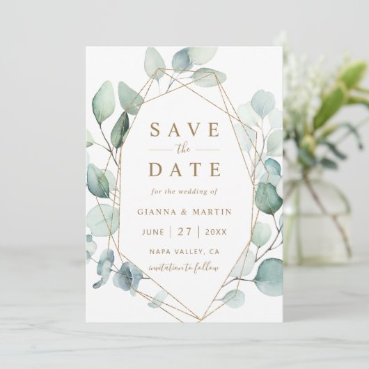Gold Script Green Foliage Geometric Wedding Save The Date (Staand voorkant)