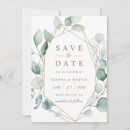 Gold Script Green Foliage Geometric Wedding Save The Date