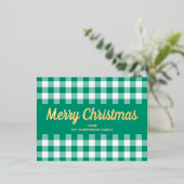 Gold Script Green Gingham Merry kerst Folie Feestdagen Briefkaart (Staand Voorkant)