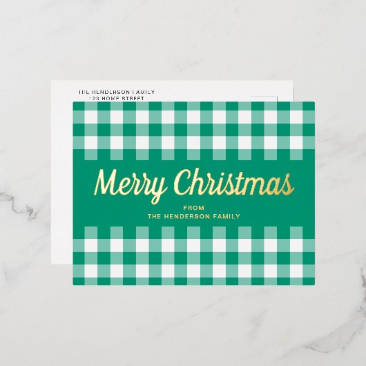 Gold Script Green Gingham Merry kerst Folie Feestdagen Briefkaart (Voorkant / Achterkant)