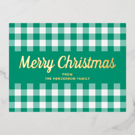 Gold Script Green Gingham Merry kerst Folie Feestdagen Briefkaart