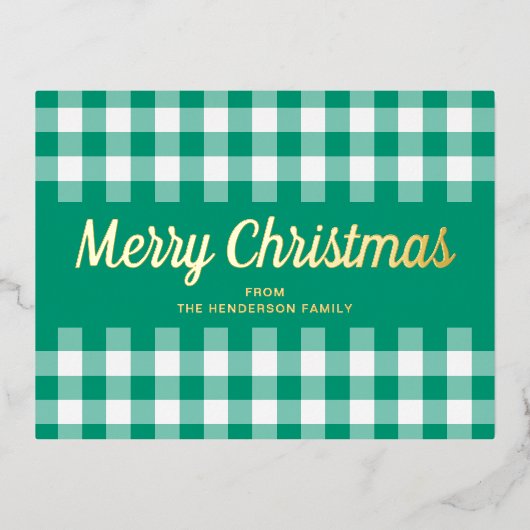 Gold Script Green Gingham Merry kerst Folie Feestdagen Briefkaart (Voorkant)