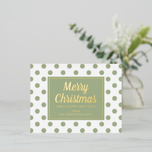 Gold Script Green Polka Dots Merry kerst Folie Feestdagen Briefkaart (Staand Voorkant)