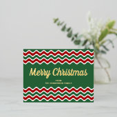 Gold Script Green Stripes Merry Kerstmis Folie Feestdagen Briefkaart (Staand Voorkant)