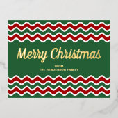 Gold Script Green Stripes Merry Kerstmis Folie Feestdagen Briefkaart (Voorkant)