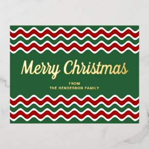 Gold Script Green Stripes Merry Kerstmis Folie Feestdagen Briefkaart