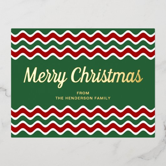 Gold Script Green Stripes Merry Kerstmis Folie Feestdagen Briefkaart (Voorkant)