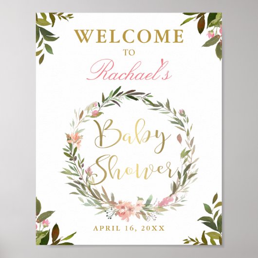 Gold Script Greenery Baby shower Welkomstteken Poster (Voorkant)