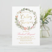 Gold Script Greenery Floral Wreated Baby shower Kaart (Staand voorkant)