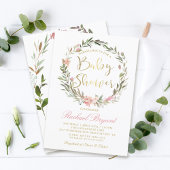 Gold Script Greenery Floral Wreated Baby shower Kaart