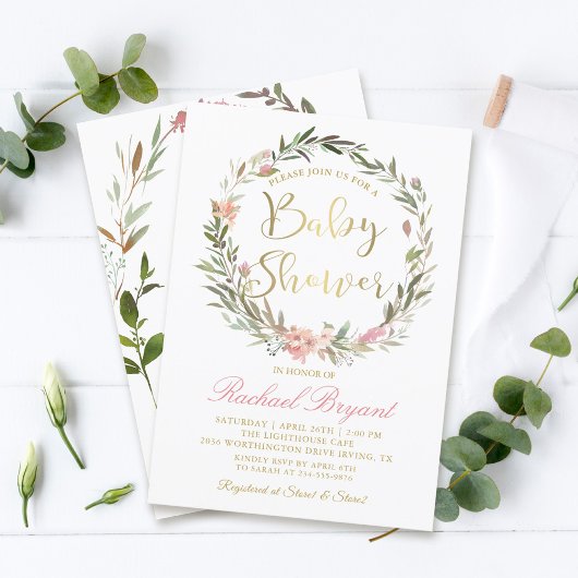 Gold Script Greenery Floral Wreated Baby shower Kaart