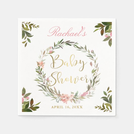 Gold Script Greenery Floral Wreated Baby shower Servet (Voorkant)
