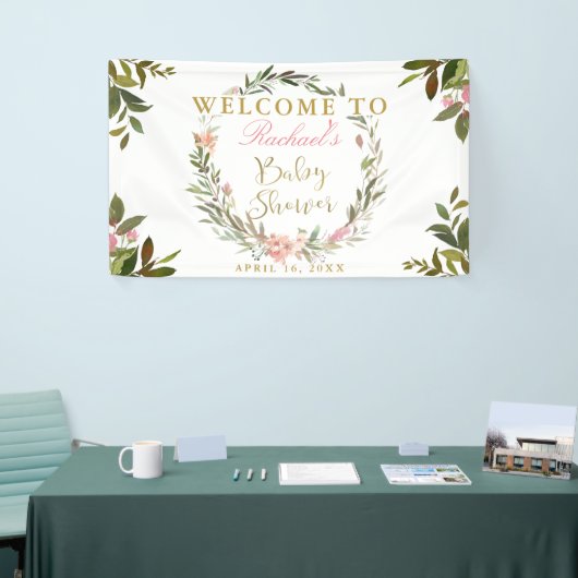 Gold Script Greenery Wreath Baby shower Banner (Beurs)