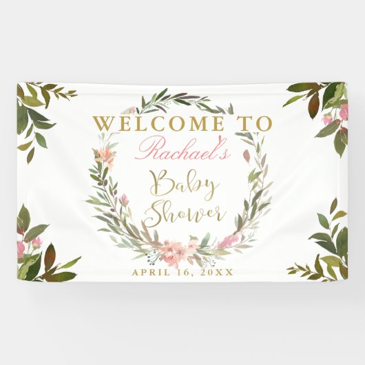 Gold Script Greenery Wreath Baby shower Banner (Horizontaal)