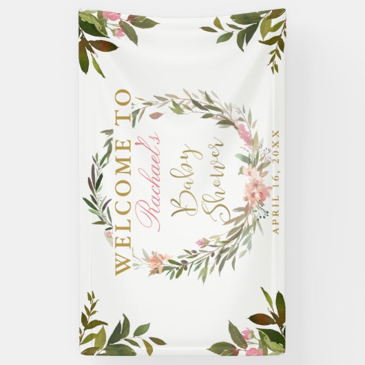 Gold Script Greenery Wreath Baby shower Banner (Verticaal)