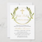 Gold Script Greenery Wreath First Heilige Communie Kaart (Voorkant)
