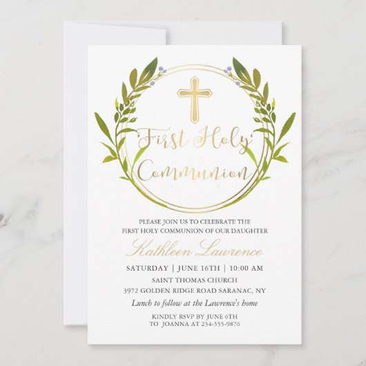 Gold Script Greenery Wreath First Heilige Communie Kaart (Voorkant)