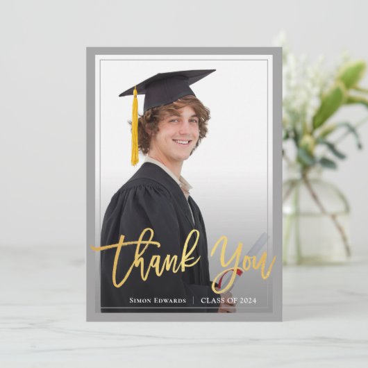 Gold Script Grey & Blue Afstuderen Foto Hartelijk  Aankondiging (Staand voorkant)