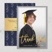 Gold Script Grey & Blue Afstuderen Foto Hartelijk  Aankondiging (Voorkant / Achterkant)