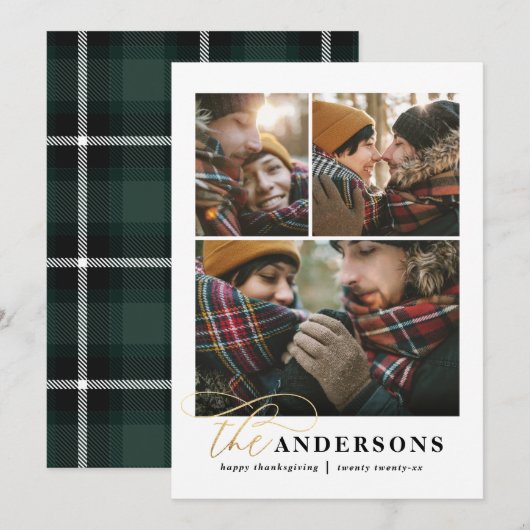 Gold script groene vlakid multi-foto Thanksgiving Feestdagenkaart (Voorkant / Achterkant)