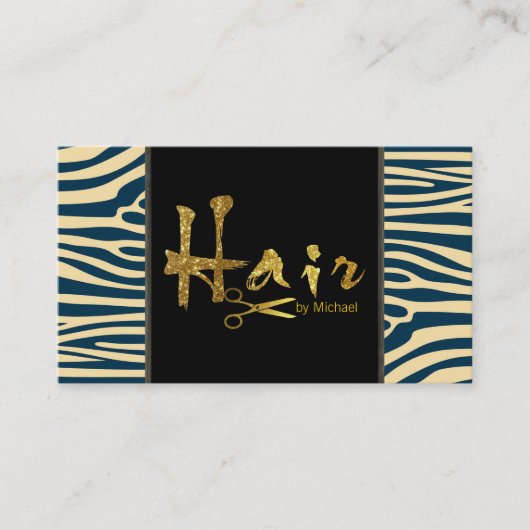 Gold Script Hair Stylist Moderne Zebra Skin #3 Visitekaartje (Voorkant)