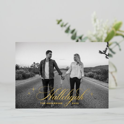 Gold Script Hallelujah Christmas | Religieuze foto Folie Feestdagenkaart (Staand Voorkant)