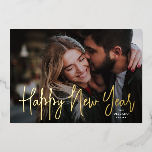 Gold Script Happy Nieuwjaar foto Folie Feestdagenkaart (Voorkant)