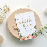 Gold Script Hartelijk dank | Roze Waterverf Floral Bedankkaart<br><div class="desc">Deze dankuwel-kaart maakt deel uit van een gecoördineerde reeks vrijgezellenfeesten. Een leuke en eenvoudige manier om je brunch gasten te bedanken! De voorzijde is voorzien van faux gouden glitter, gouden scriptletters, moderne typografie en waterverf bloemen. Op de rug, is er ruimte voor u om een douanebericht te schrijven. Geef de...</div>