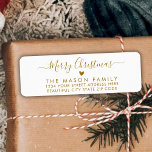 Gold Script Heart Christmas Return-adreslabel Etiket<br><div class="desc">Elegante,  moderne gouden en witte hand geletterde kerstfamilie retour adreslabels. Met een  handgeschreven kalligrafie swash-tail lettertypescript met gezegde "Merry Christmas",  een klein liefdeshartmotief. Geweldig voor de kerstvakantie,  gemakkelijk te personaliseren met uw namen en retour adres info.</div>
