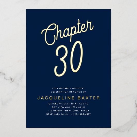 Gold Script Hoofdstuk 30 Blue 30th Birthday Party Folie Uitnodiging (Voorkant)