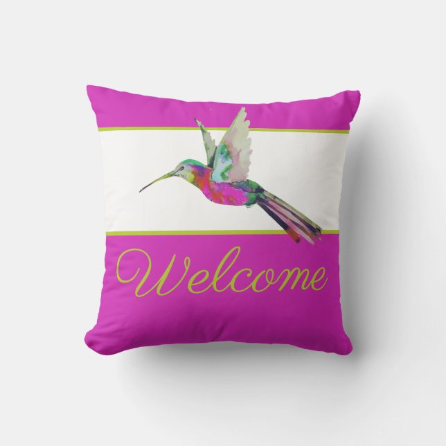 Gold Script Hummingbird Waterverf Roze Welkom Buitenkussen (Voorkant)