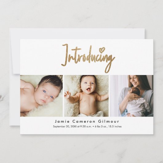 Gold Script Introductie van aangepaste 3 foto Baby Bedankkaart (Voorkant)