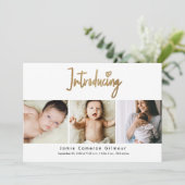 Gold Script Introductie van aangepaste 3 foto Baby Bedankkaart (Staand voorkant)