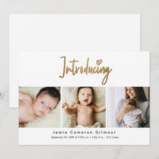 Gold Script Introductie van aangepaste 3 foto Baby Bedankkaart (Voorkant / Achterkant)